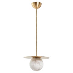 Bespoke Italian Pendat Lamp "Mini Alabaster Moon," in satin brass and alabaster
