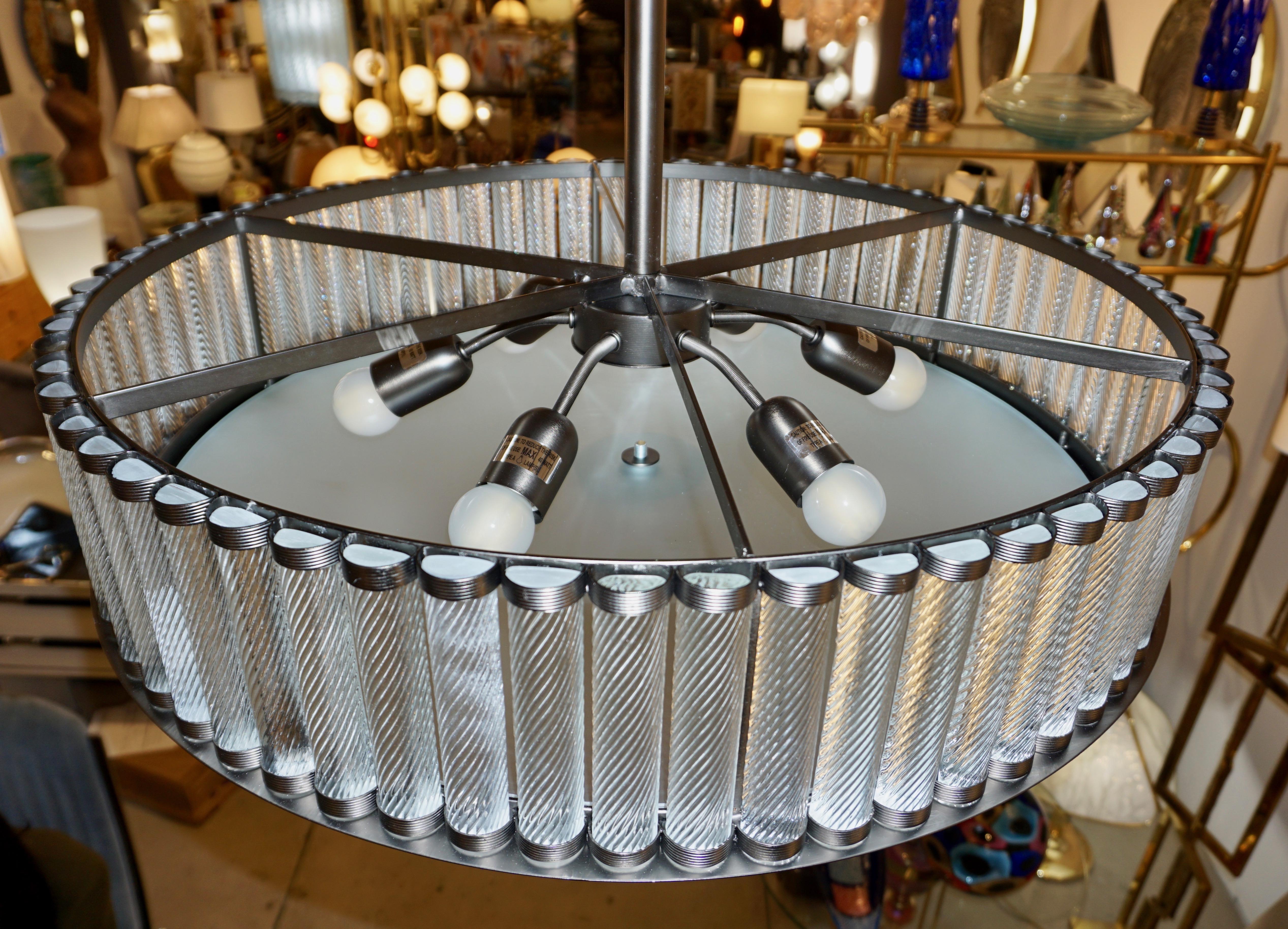Contemporary Bespoke Italian Pewter Finish Crystal Murano Glass Flush Mount / Drum Chandelier For Sale