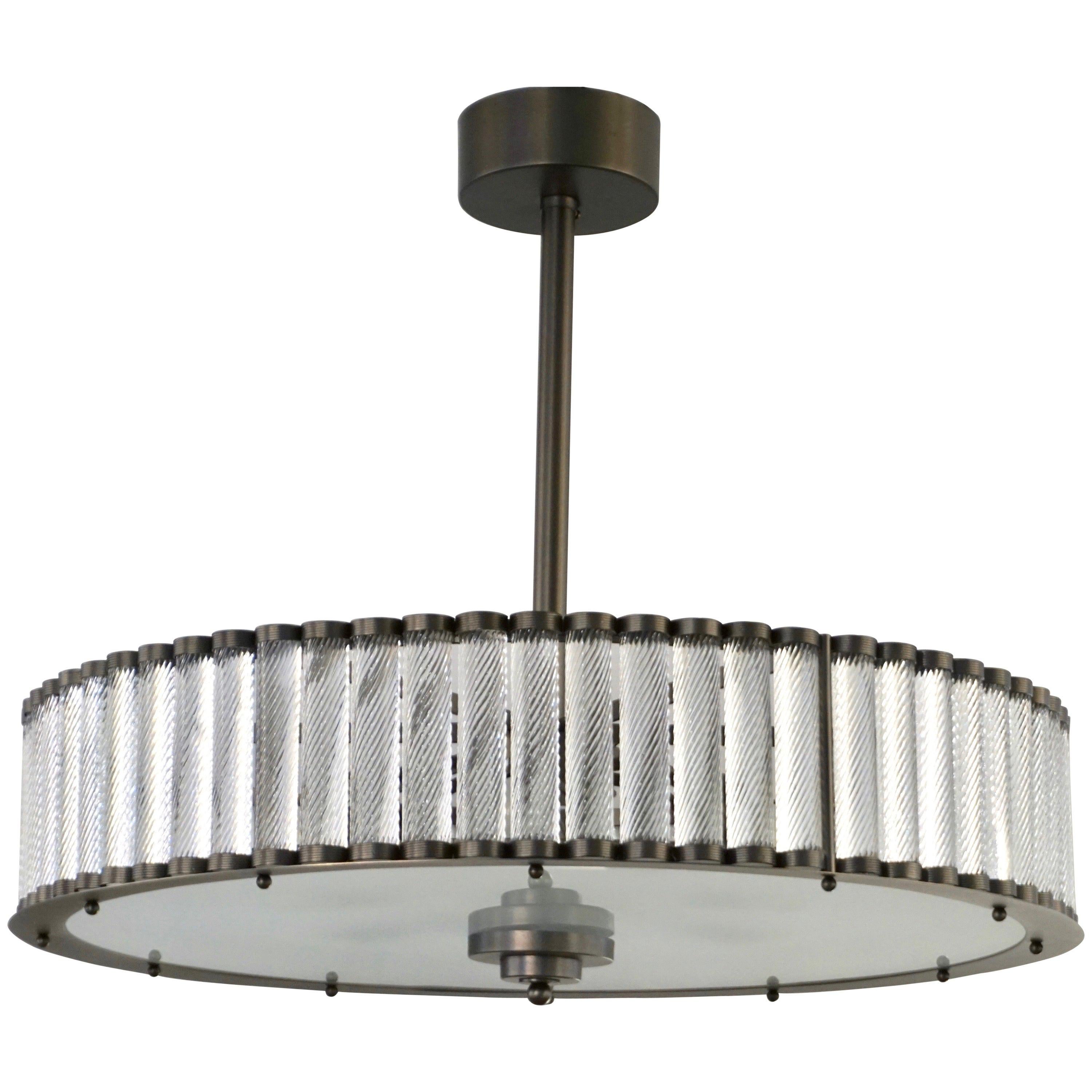 Bespoke Italian Pewter Finish Crystal Murano Glass Flushmount / Drum Chandelier For Sale