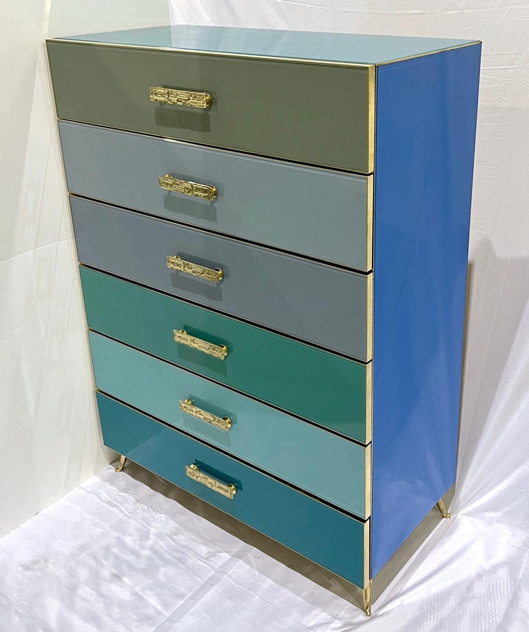 Commode Semainier italienne postmoderne sur mesure à 6 tiroirs bleu  turquoise gris verre En vente sur 1stDibs