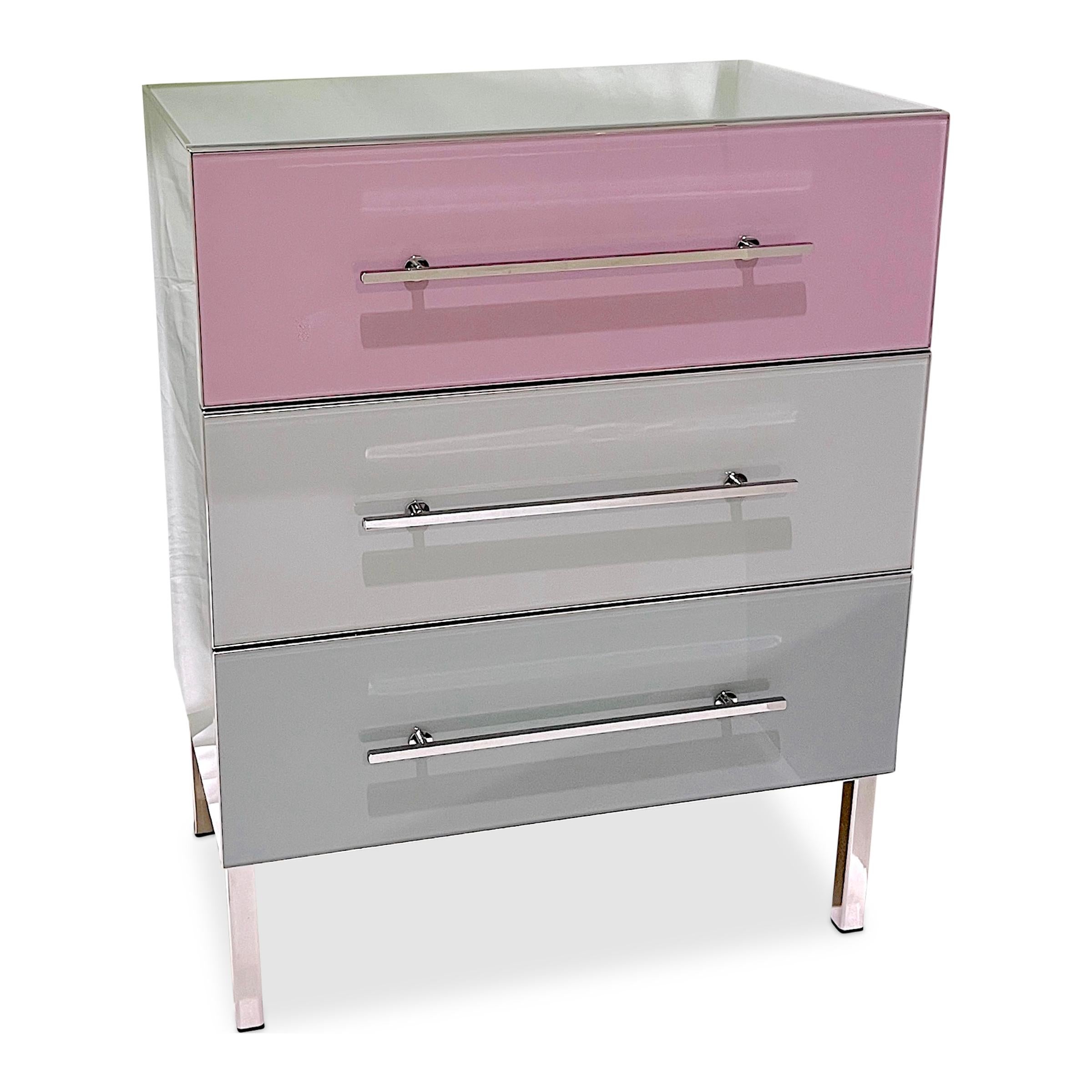 Bespoke Italian Post-Modern Pink Gray Glass 3-Drawer Nickel Chest Nightstand For Sale 3