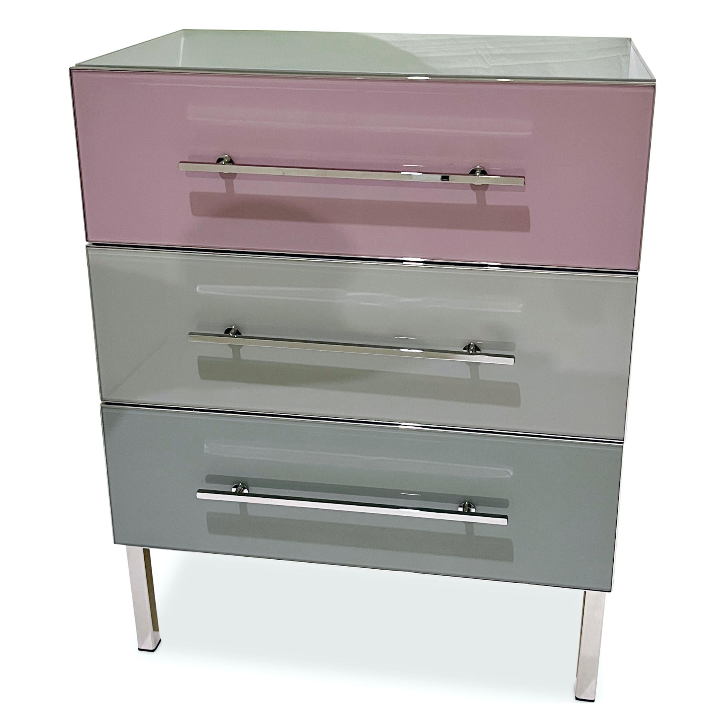 Bespoke Italian Post-Modern Pink Gray Glass 3-Drawer Nickel Chest Nightstand For Sale 4