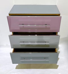 Bespoke Italian Post-Modern Pink Gray Glass 3-Drawer Nickel Chest Nightstand