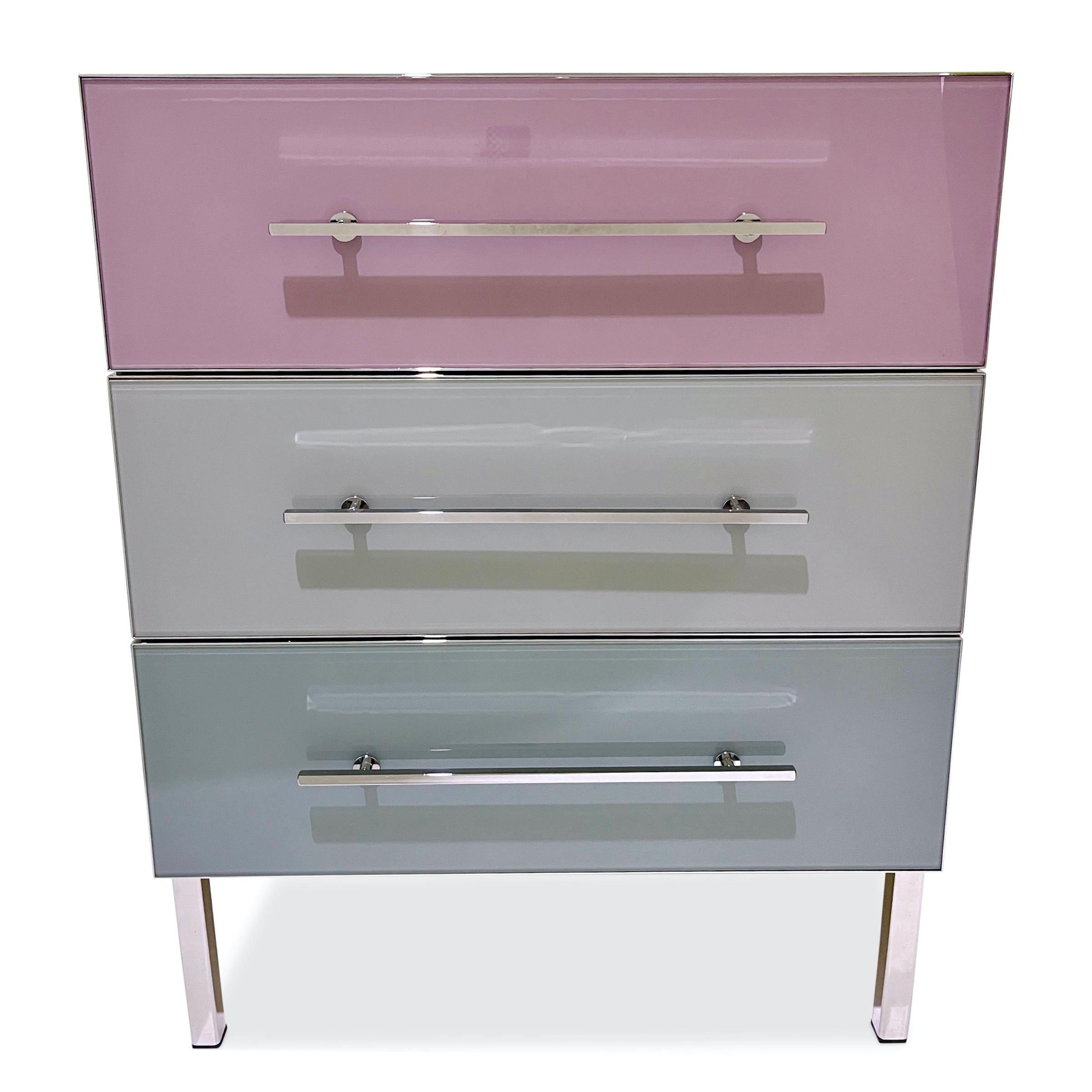 Art Deco Bespoke Italian Post-Modern Pink Gray Glass 3-Drawer Nickel Chest Nightstand For Sale