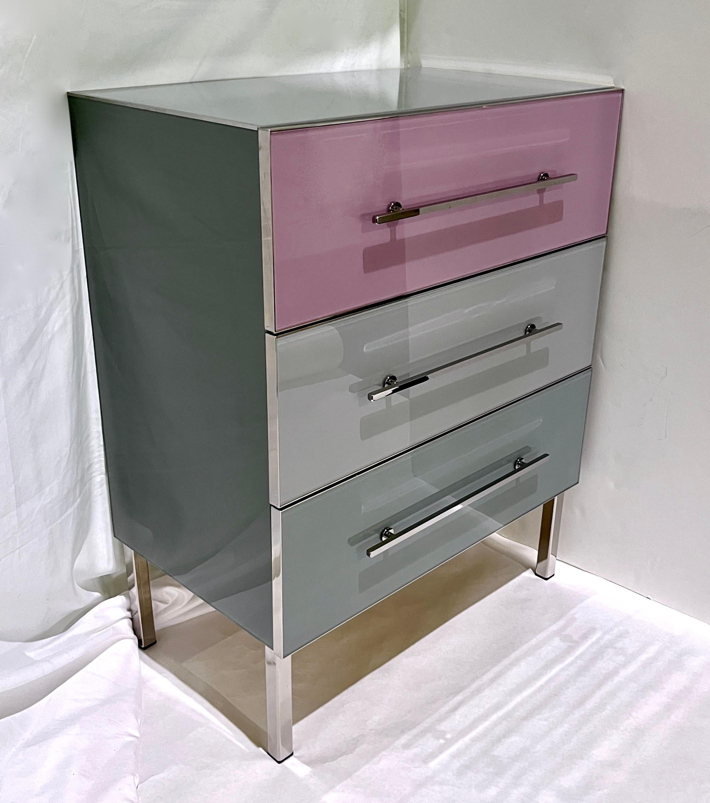 Art Deco Bespoke Italian Post-Modern Pink Gray Glass 3-Drawer Nickel Chest Nightstand For Sale