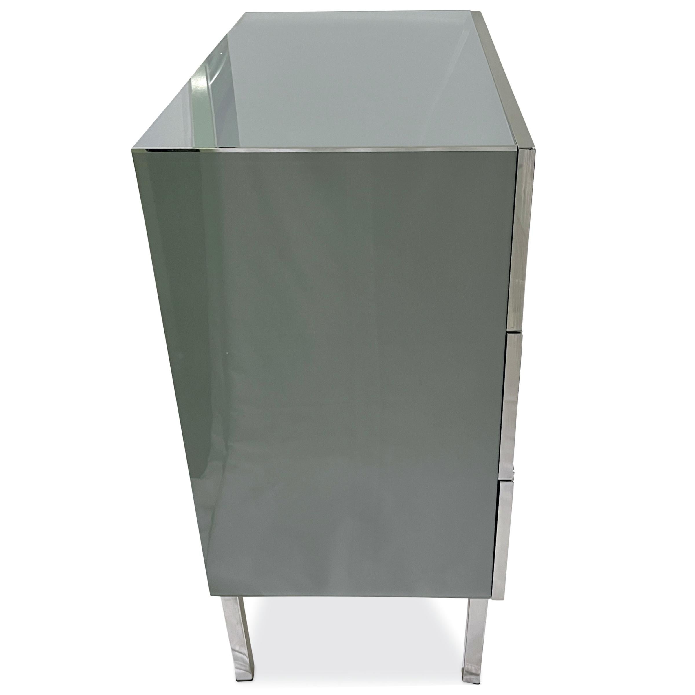 Polished Bespoke Italian Post-Modern Pink Gray Glass 3-Drawer Nickel Chest Nightstand For Sale