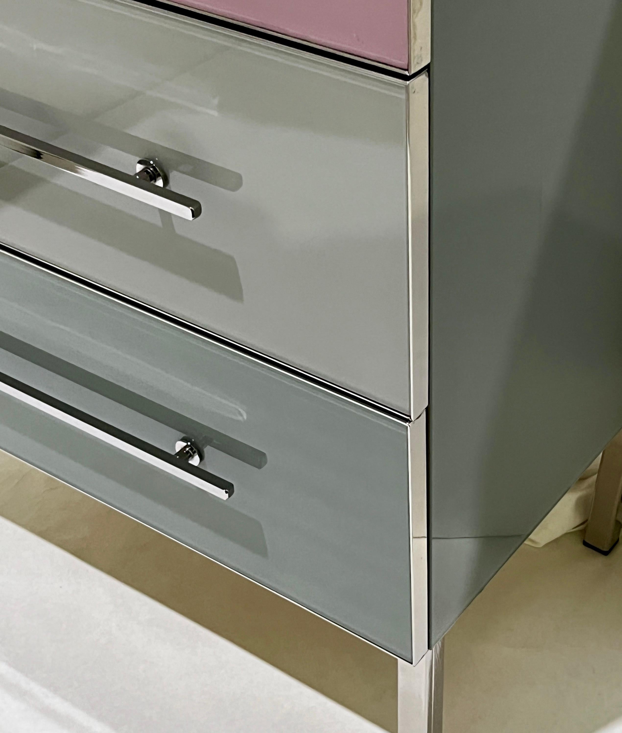 Contemporary Bespoke Italian Post-Modern Pink Gray Glass 3-Drawer Nickel Chest Nightstand For Sale