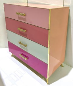 Bespoke Italian Post-Modern Pink Rose Blush White Glass 4-Drawer Semainier Chest