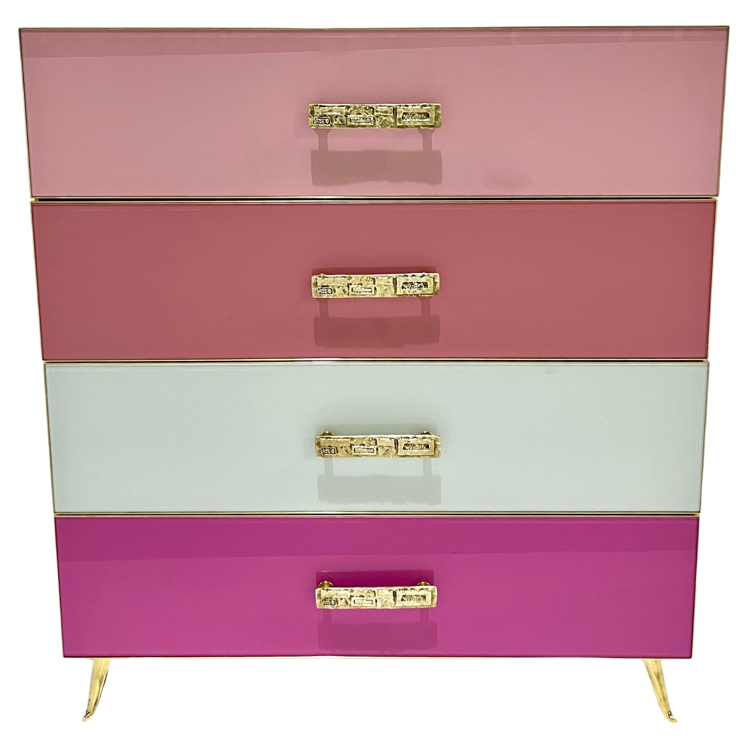 Bespoke Italian Post-Modern Pink Rose Blush White Glass 4-Drawer Semainier Chest For Sale