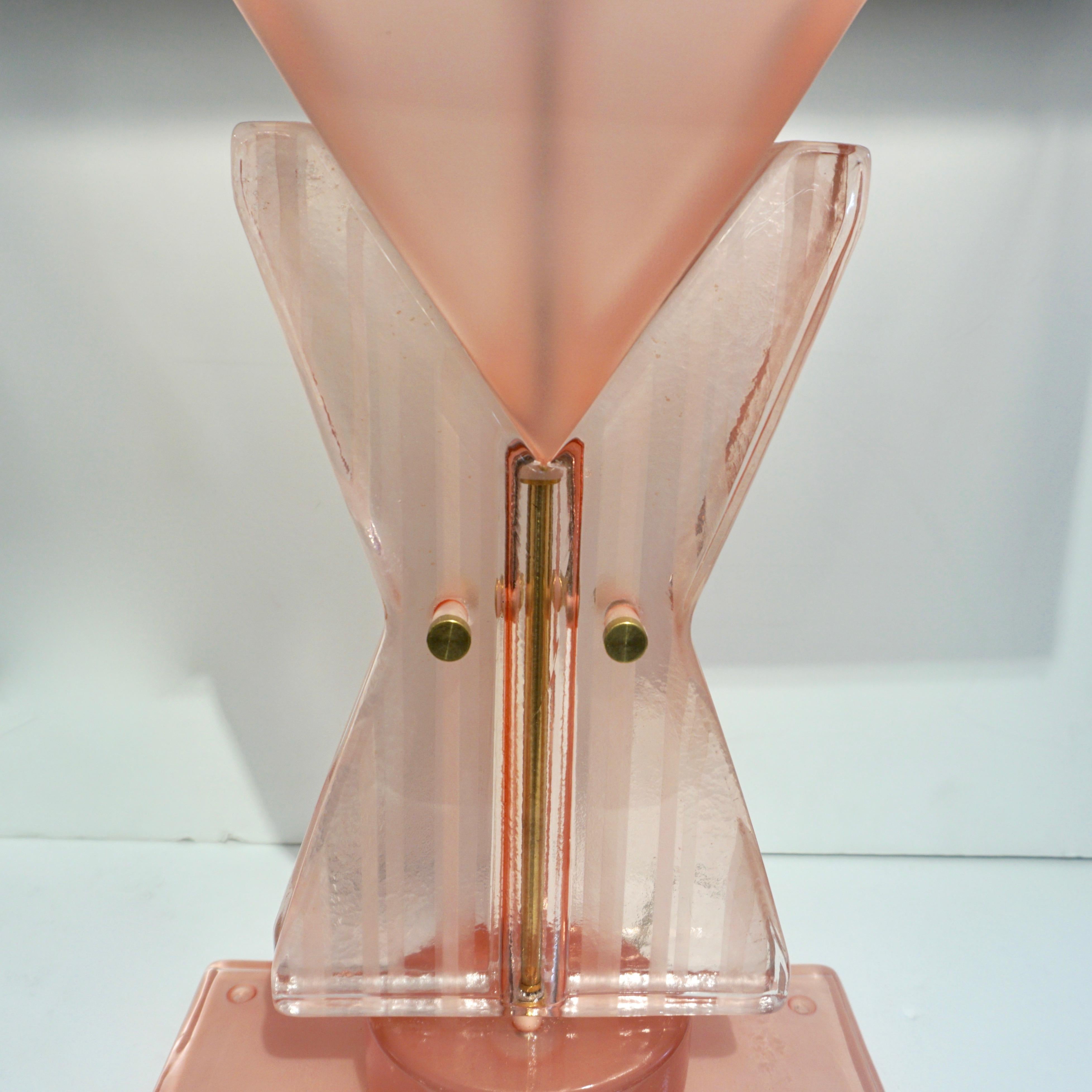 Hand-Crafted Bespoke Italian Post Modern Rose Pink Murano Glass Geometric Couture Table Lamp For Sale