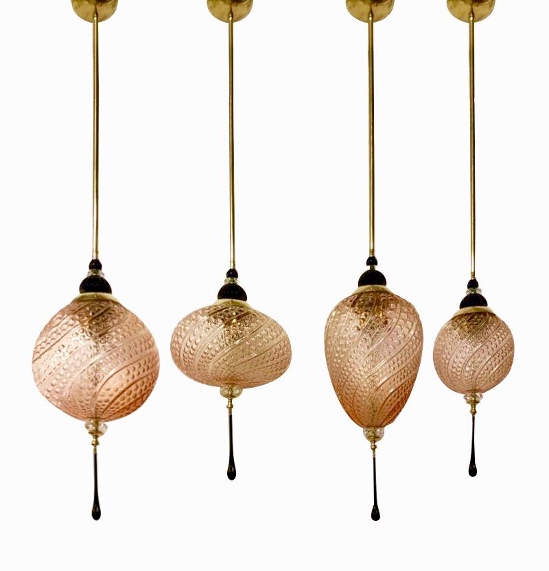 Contemporary orientalist style custom lantern chandelier, of a modern Venetian geometric series with 4 shapes as per images, entirely custom made in Italy, here with brass hardware, the organic sphere globe in an innovative blown textured Murano