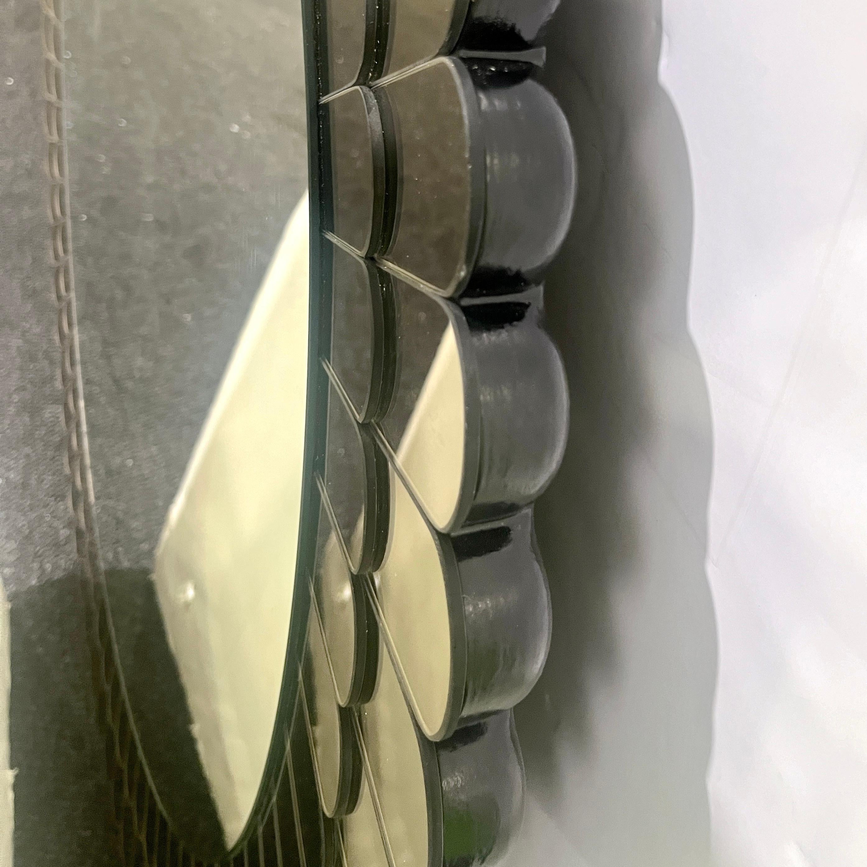 Contemporary Bespoke Italian Scalloped Double Frame Smoked Bronze Murano Glass Round Mirror For Sale