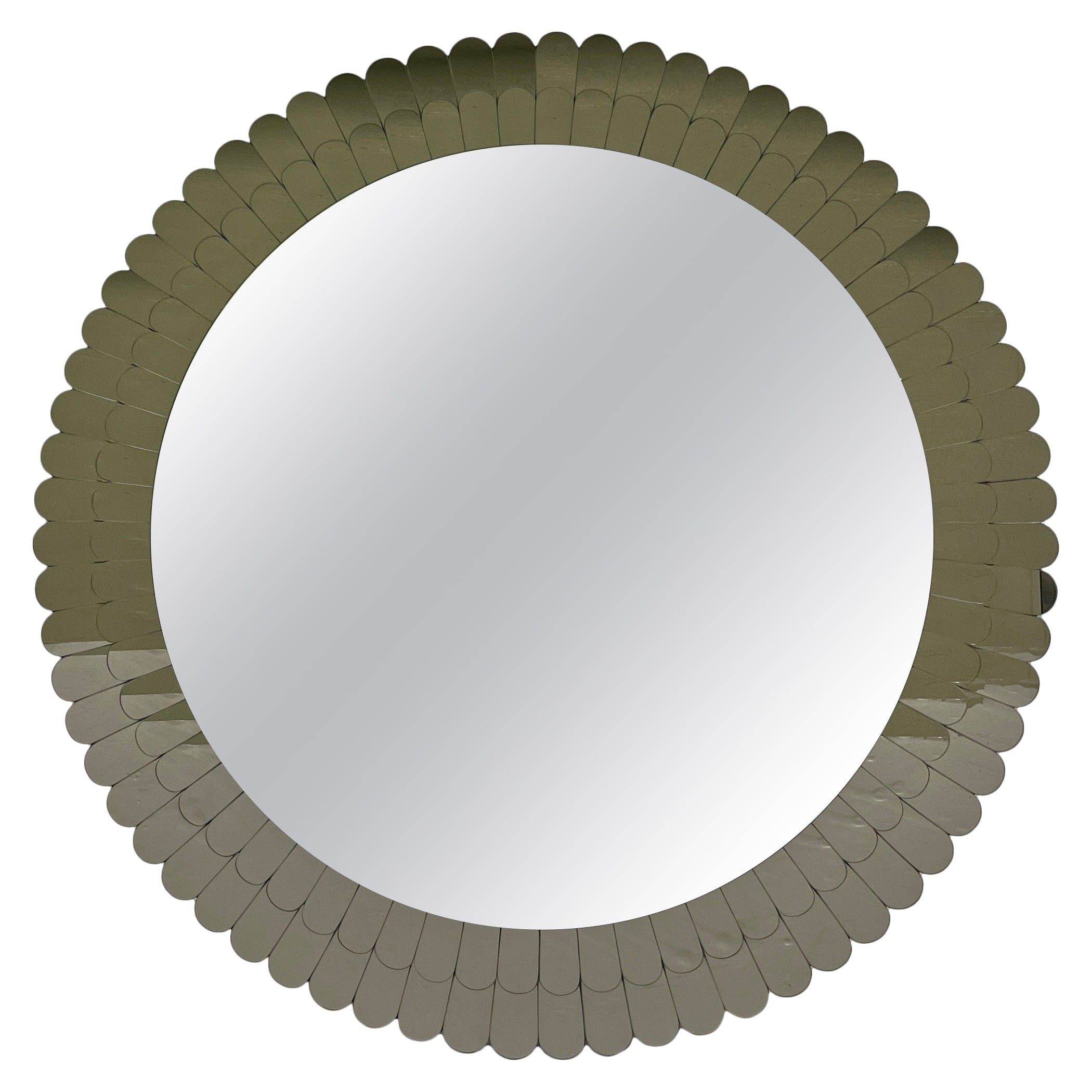 Bespoke Italian Scalloped Double Frame Smoked Bronze Murano Glass Round Mirror For Sale