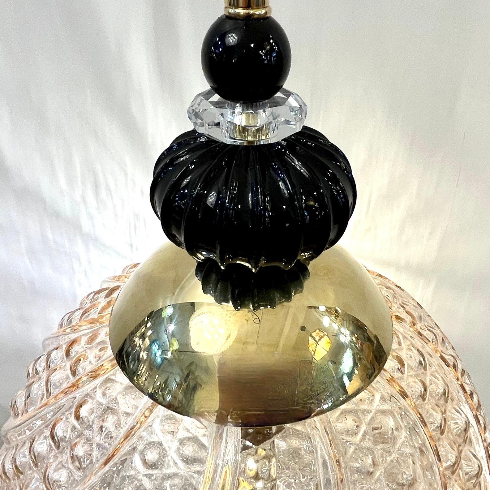 Bespoke Italian Set of 4 Black & Pink Crystal Murano Glass Brass Pendant Lights For Sale 1