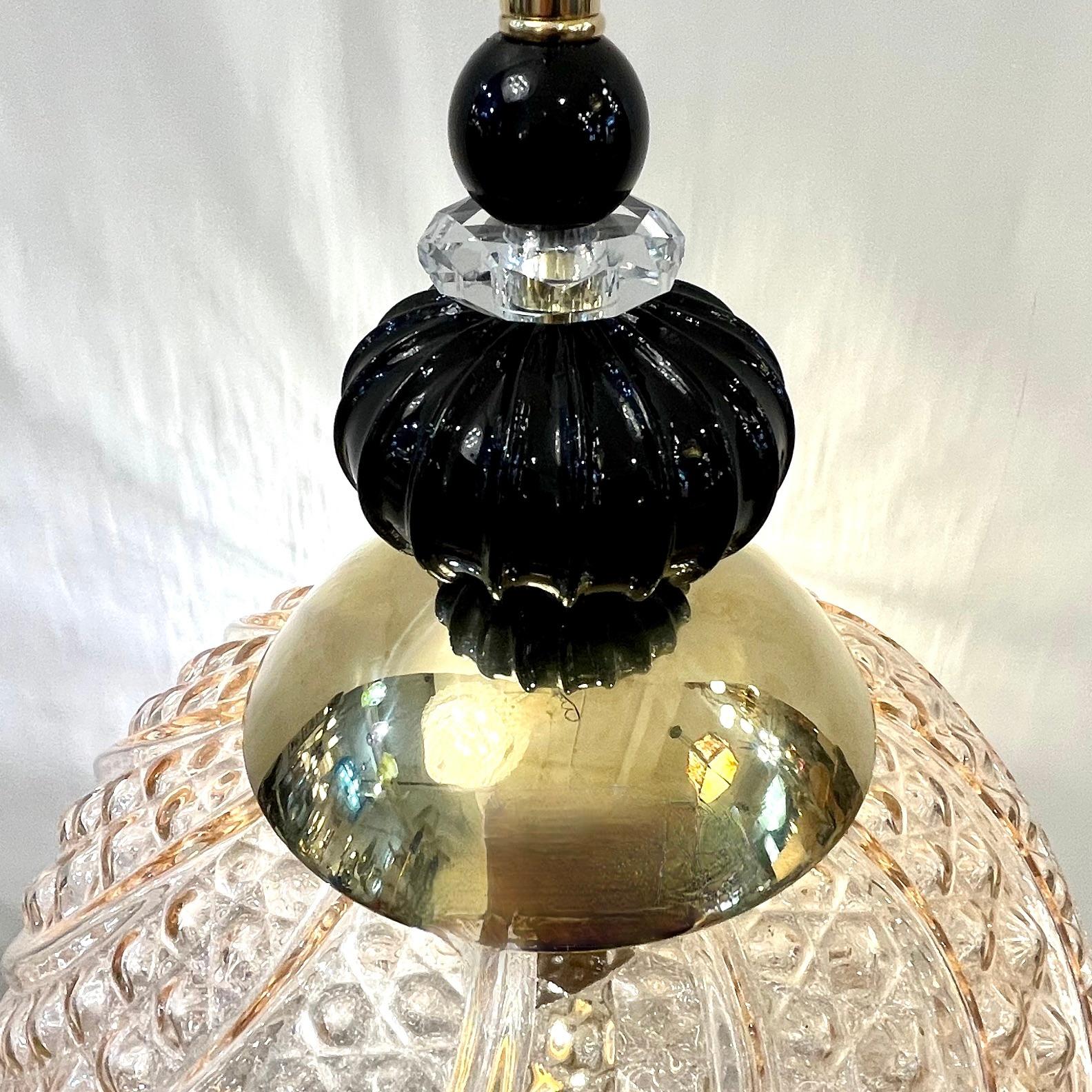 Blown Glass Bespoke Italian Set of 4 Black & Pink Crystal Murano Glass Brass Pendant Lights For Sale