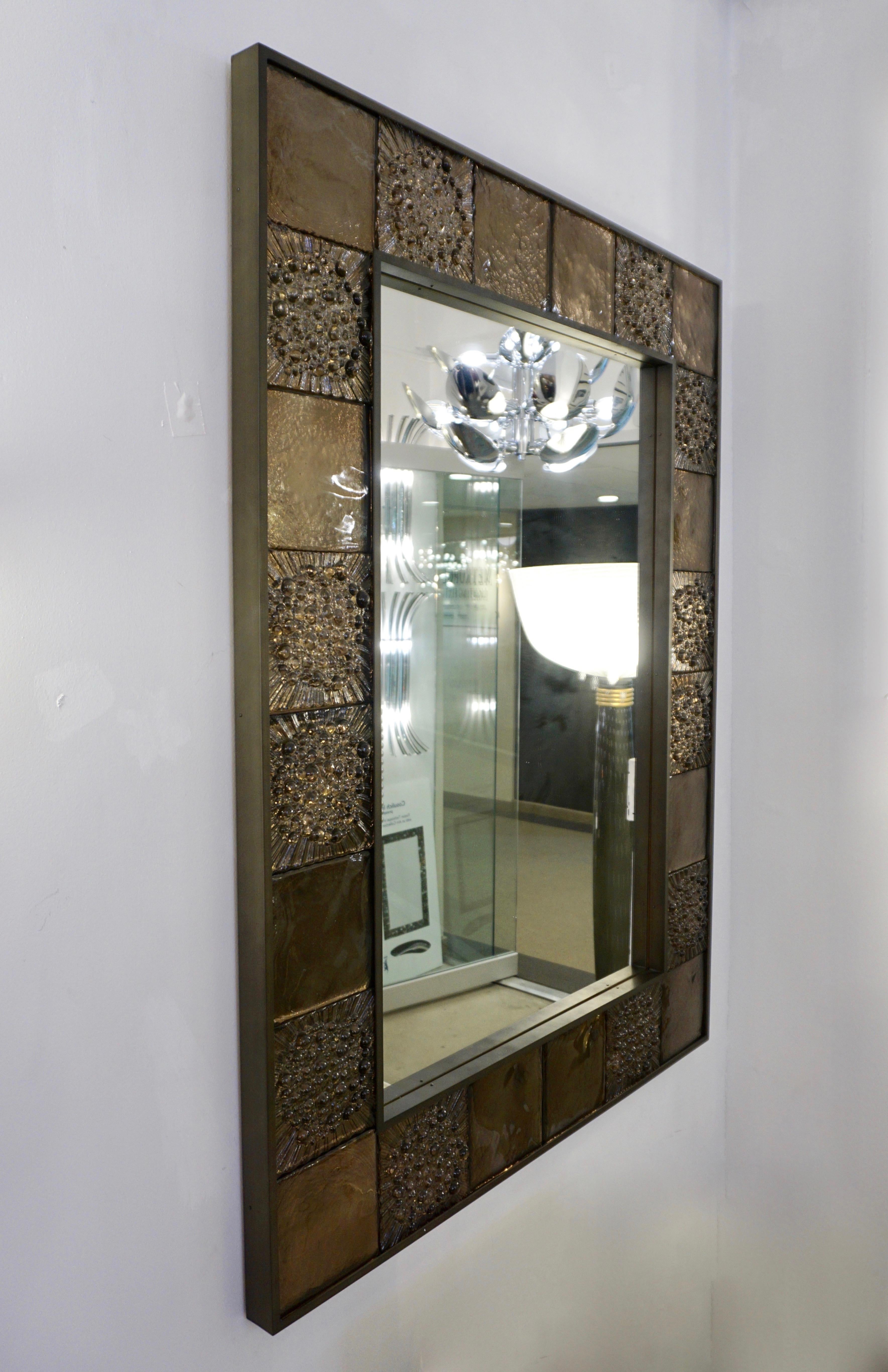 Bespoke Italian Smoked Amber Mirrored Murano Glass Geometric Bronze Tile Mirror For Sale 2