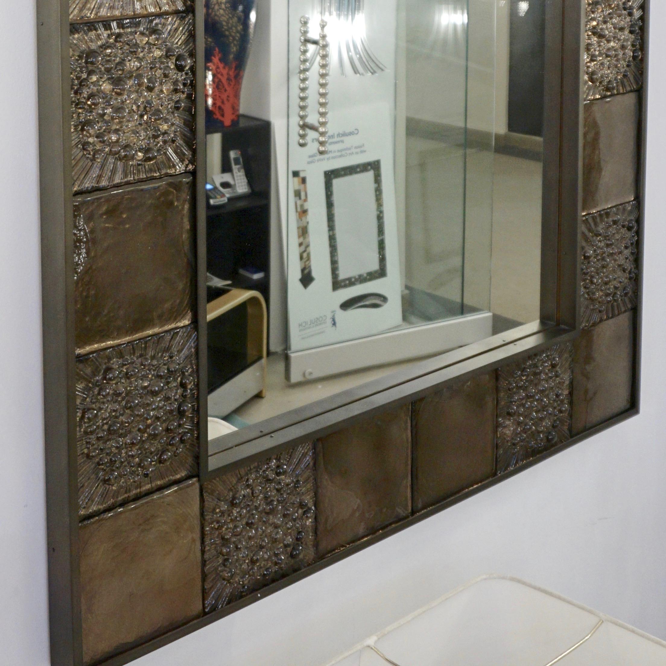 Bespoke Italian Smoked Amber Mirrored Murano Glass Geometric Bronze Tile Mirror For Sale 7