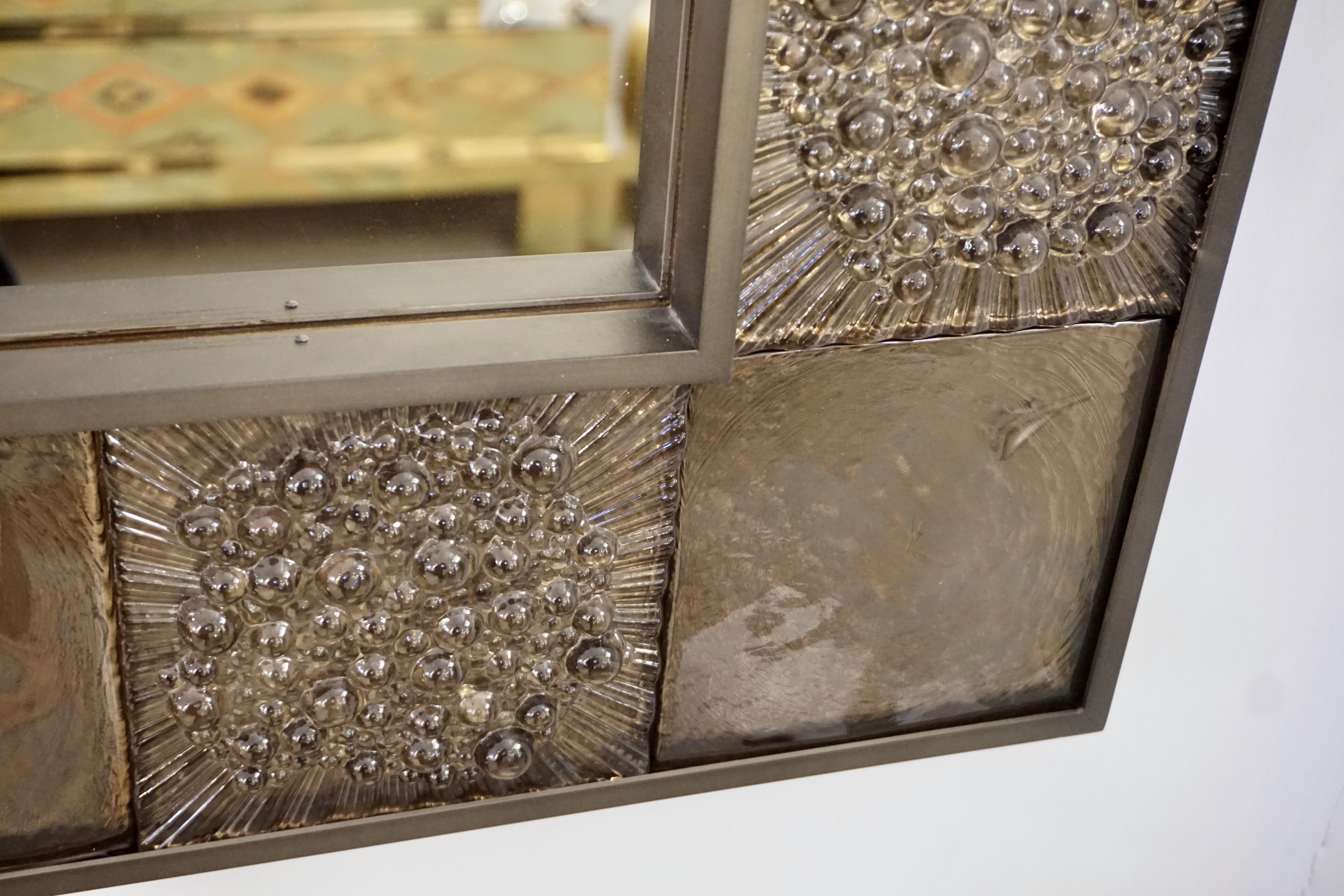 Bespoke Italian Smoked Amber Mirrored Murano Glass Geometric Bronze Tile Mirror For Sale 5