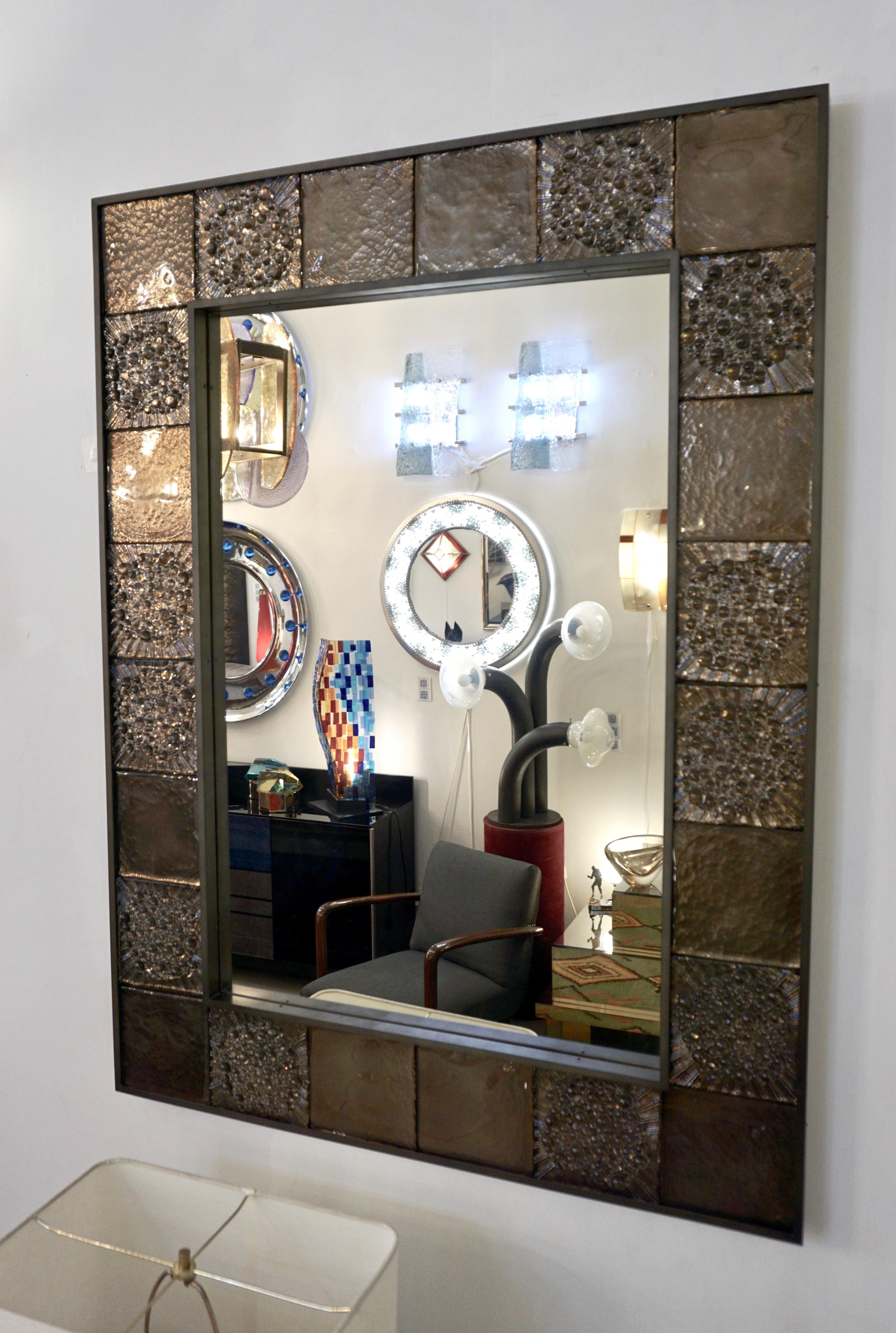Bespoke Italian Smoked Amber Mirrored Murano Glass Geometric Bronze Tile Mirror For Sale 11