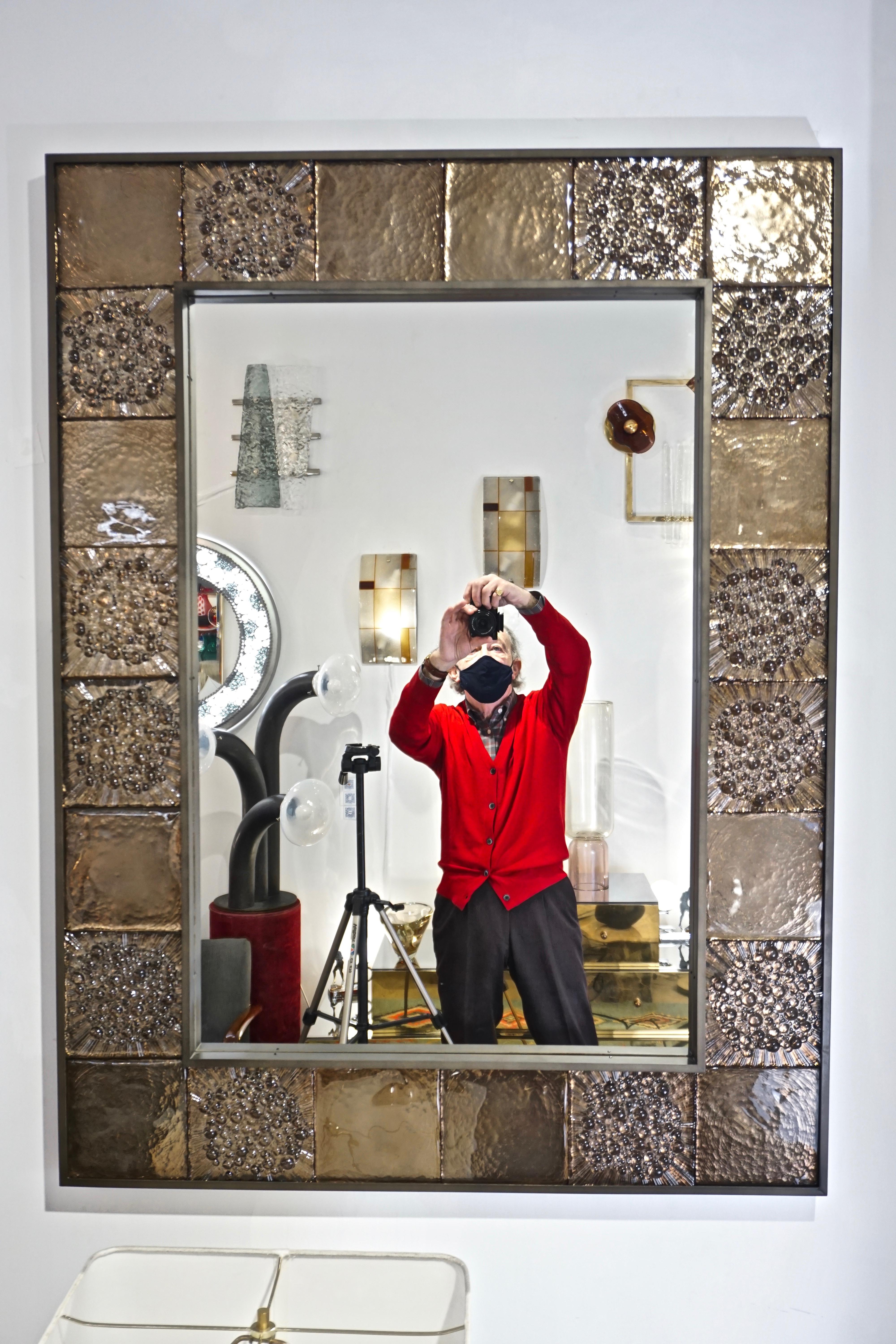 Bespoke Italian Smoked Amber Mirrored Murano Glass Geometric Bronze Tile Mirror For Sale 12