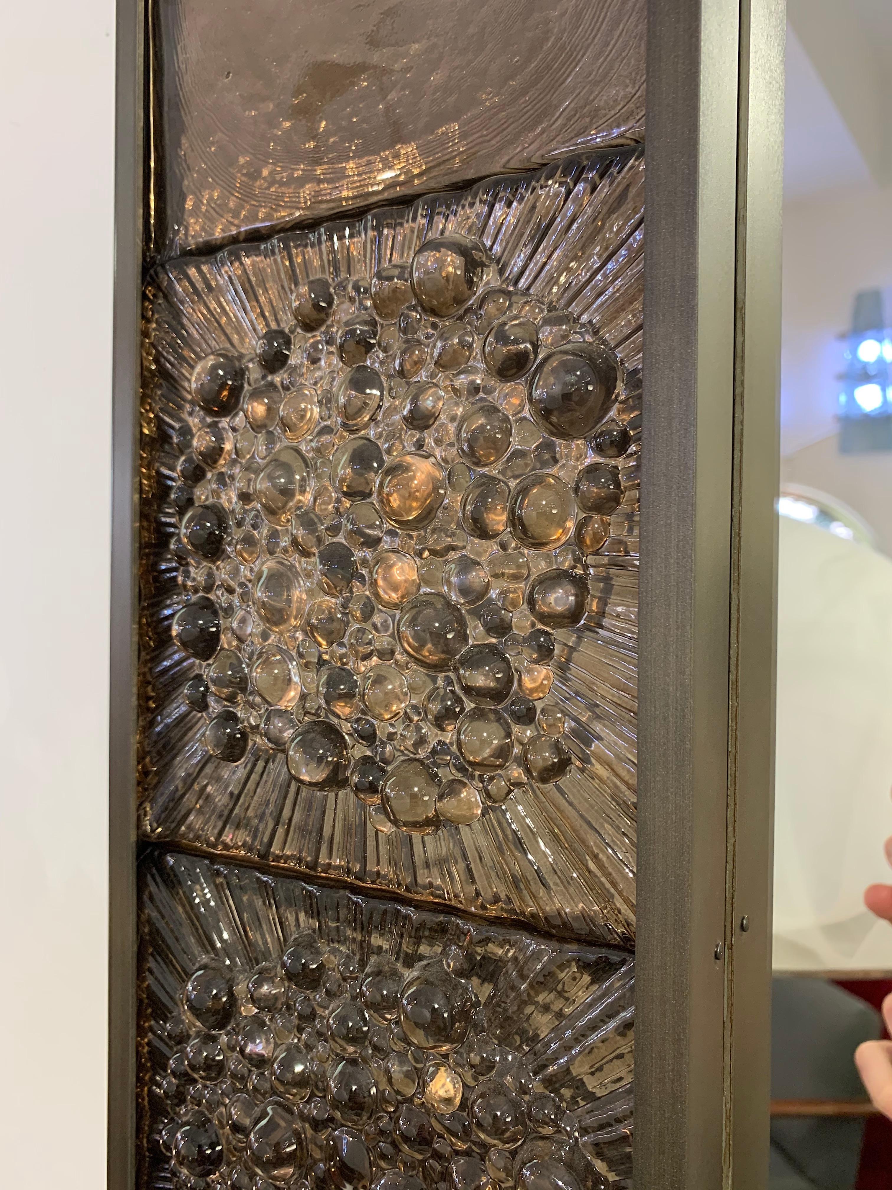 Hand-Crafted Bespoke Italian Smoked Amber Mirrored Murano Glass Geometric Bronze Tile Mirror For Sale