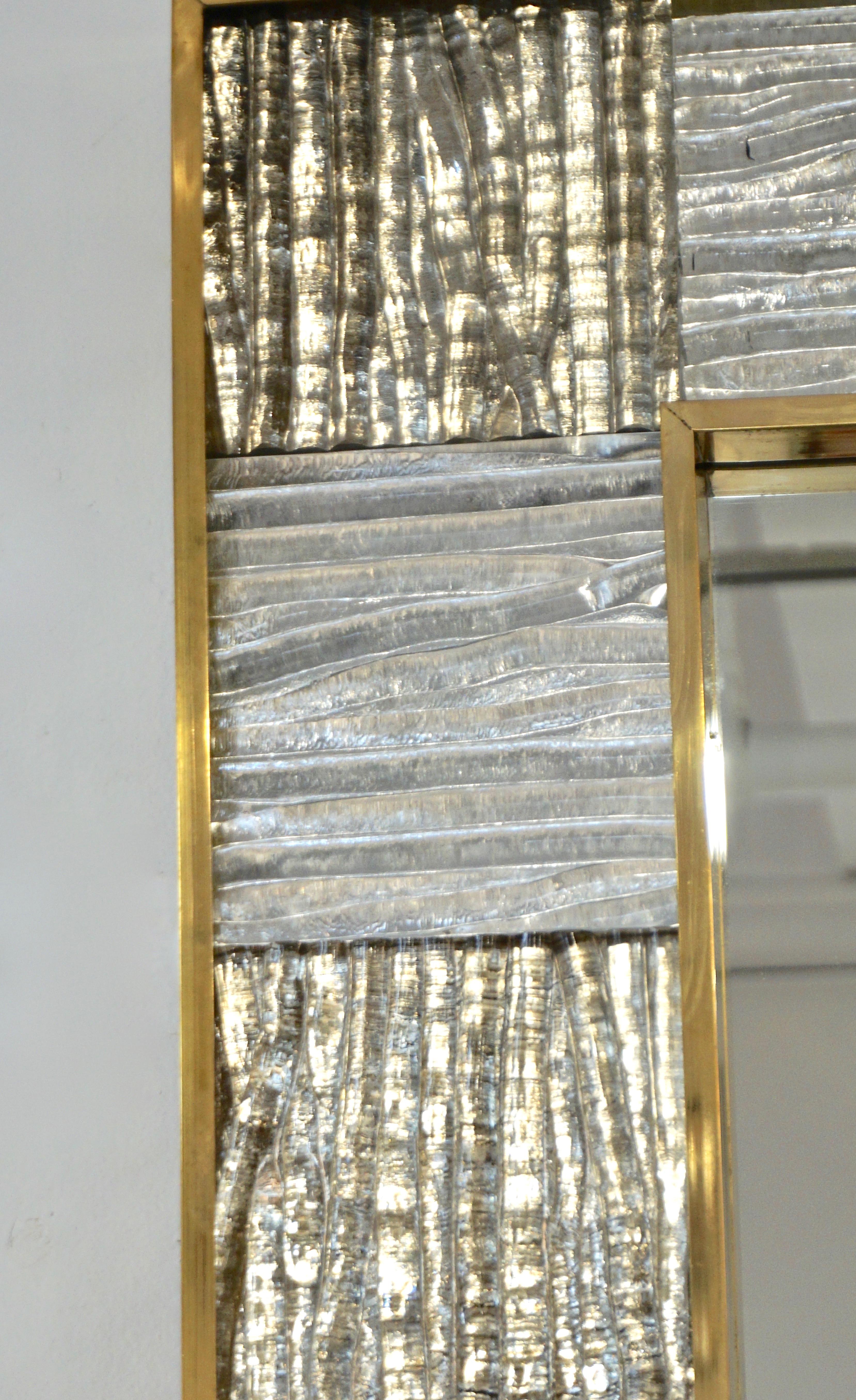 Hand-Crafted Bespoke Italian Square Silver Leaf Smoked Crystal Murano Glass Brass Tile Mirror For Sale