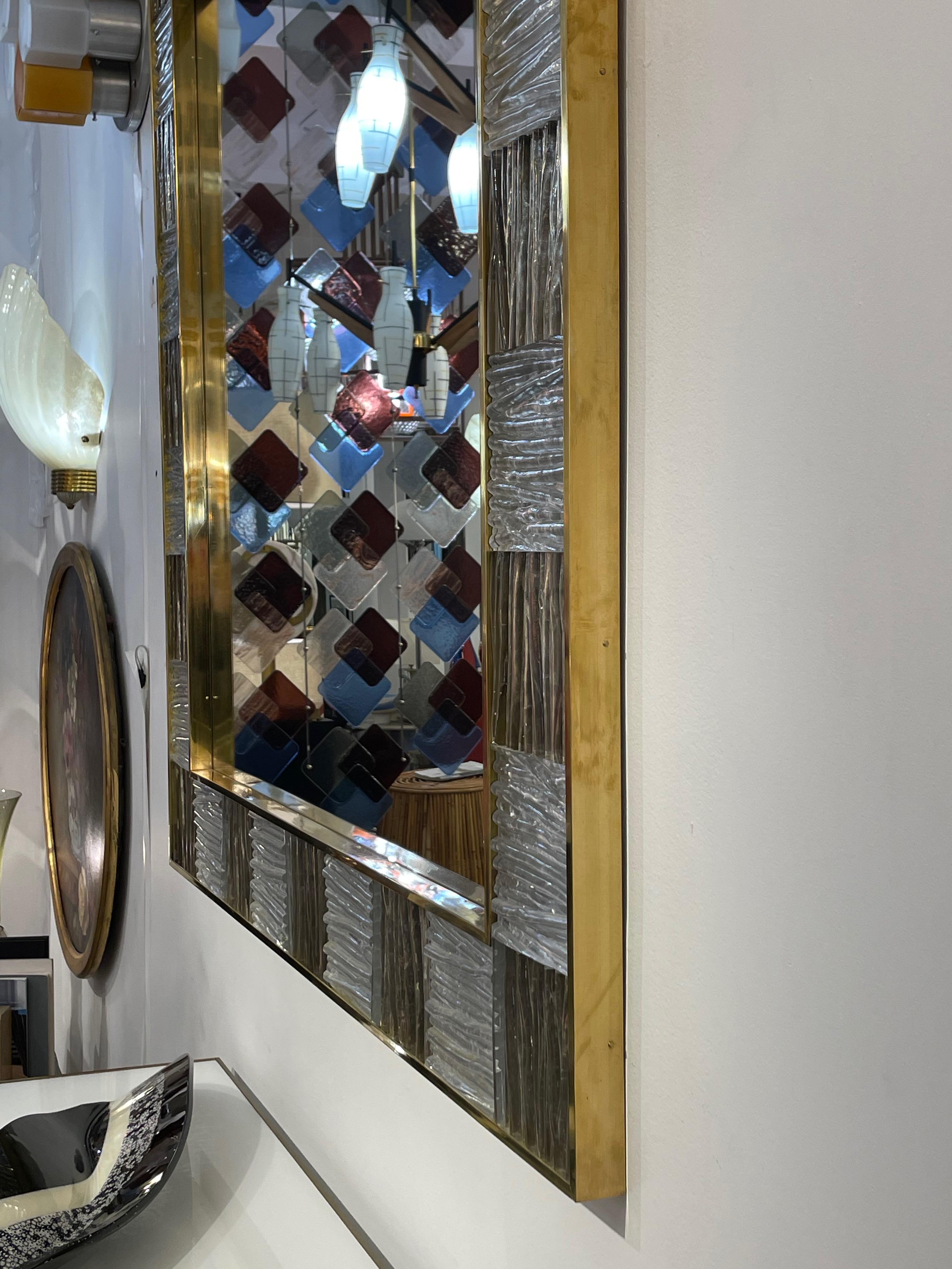 Bespoke Italian Square Silver Leaf Smoked Crystal Murano Glass Brass Tile Mirror For Sale 3