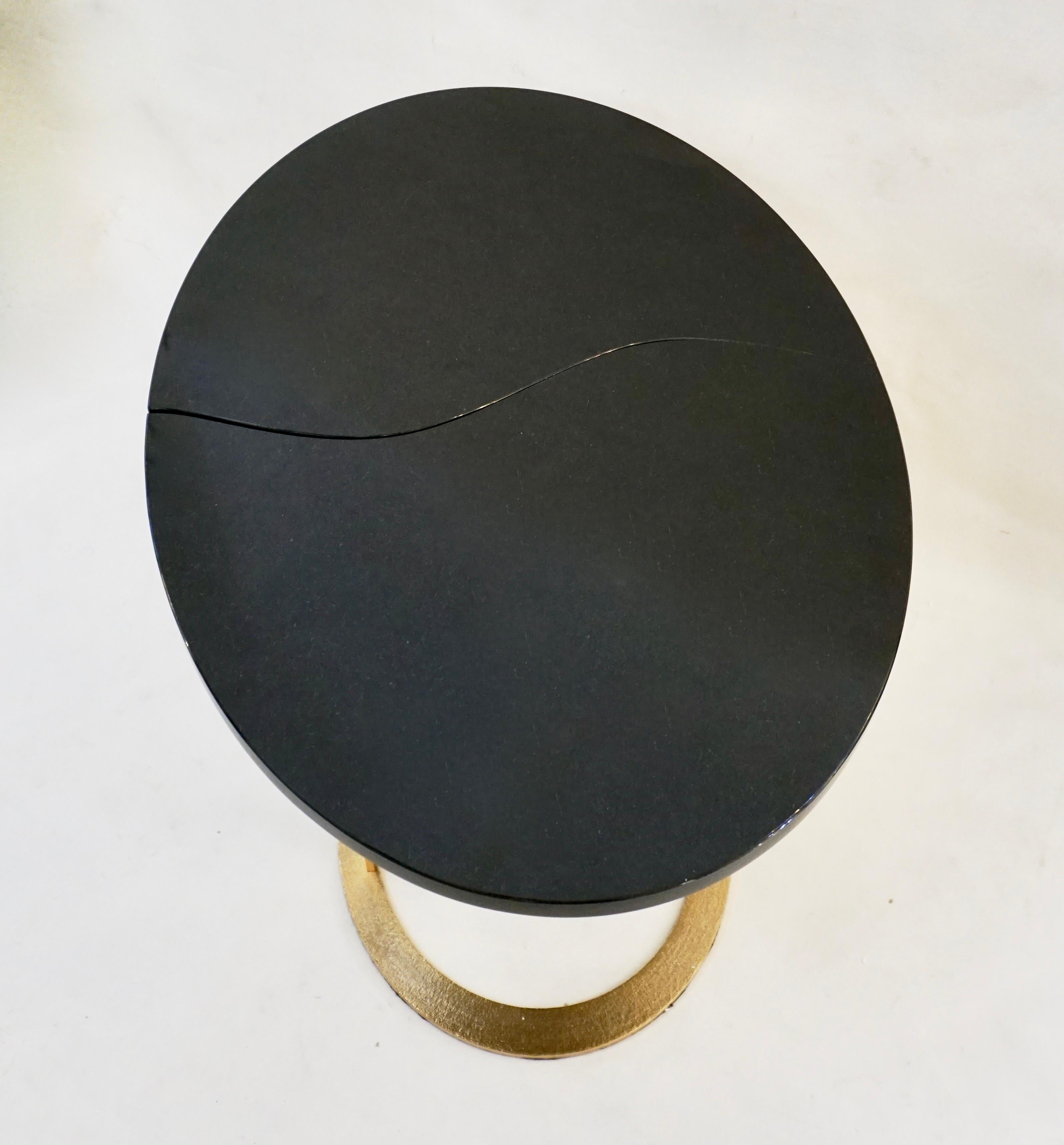 Bespoke Italian Textured Brass Black Granite Oval Side Table Doubles as a Pair 7