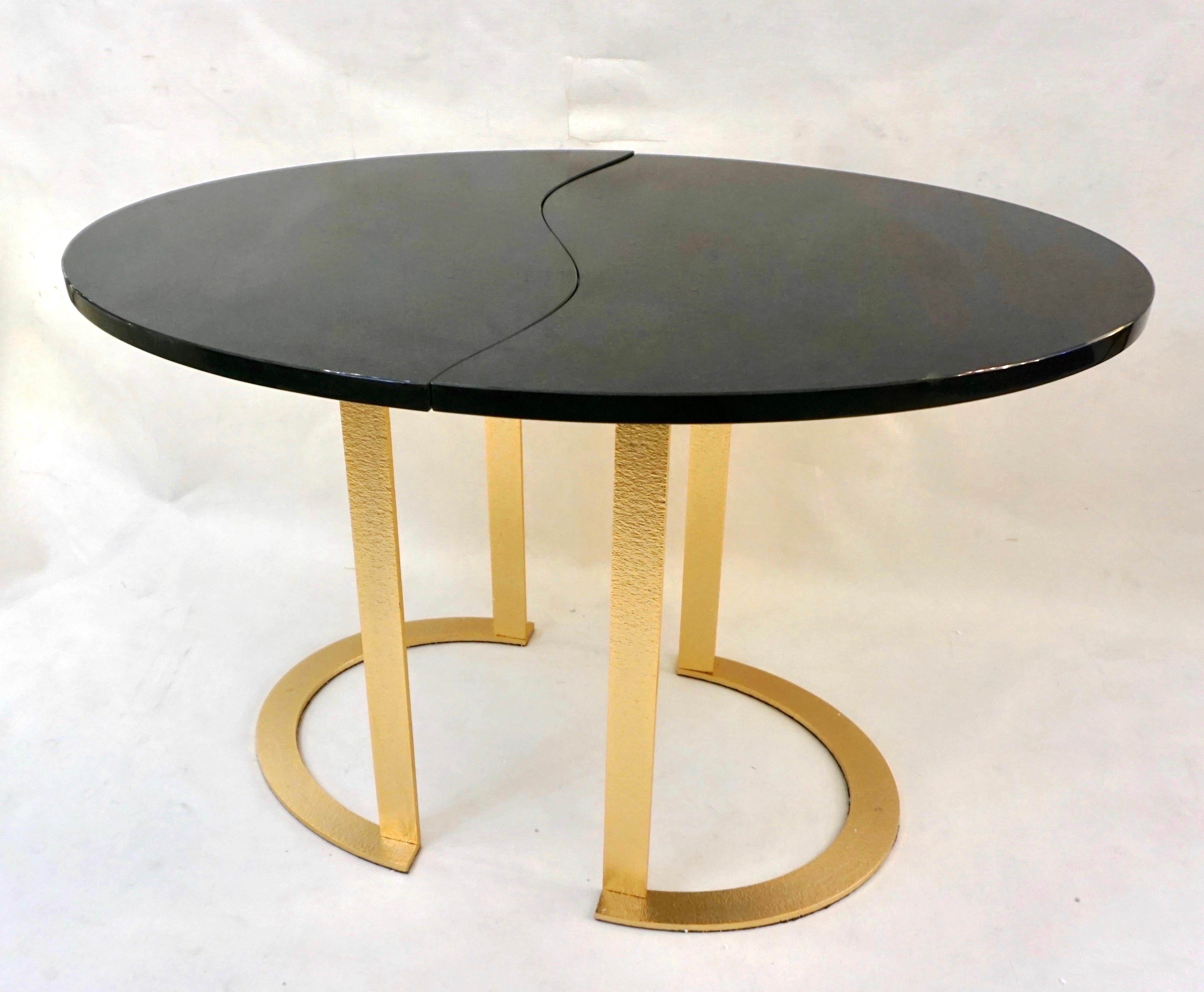 Cosulich Interiors in collaboration with Matlight Milano: Contemporary Italian Exclusive Design custom sofa table that separates with a smooth curve in a pair, which can be used as individual shaped coffee tables. This innovative organic modern