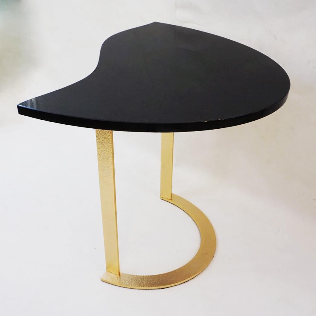 Post-Modern Bespoke Italian Textured Brass Black Granite Oval Side Table Doubles as a Pair