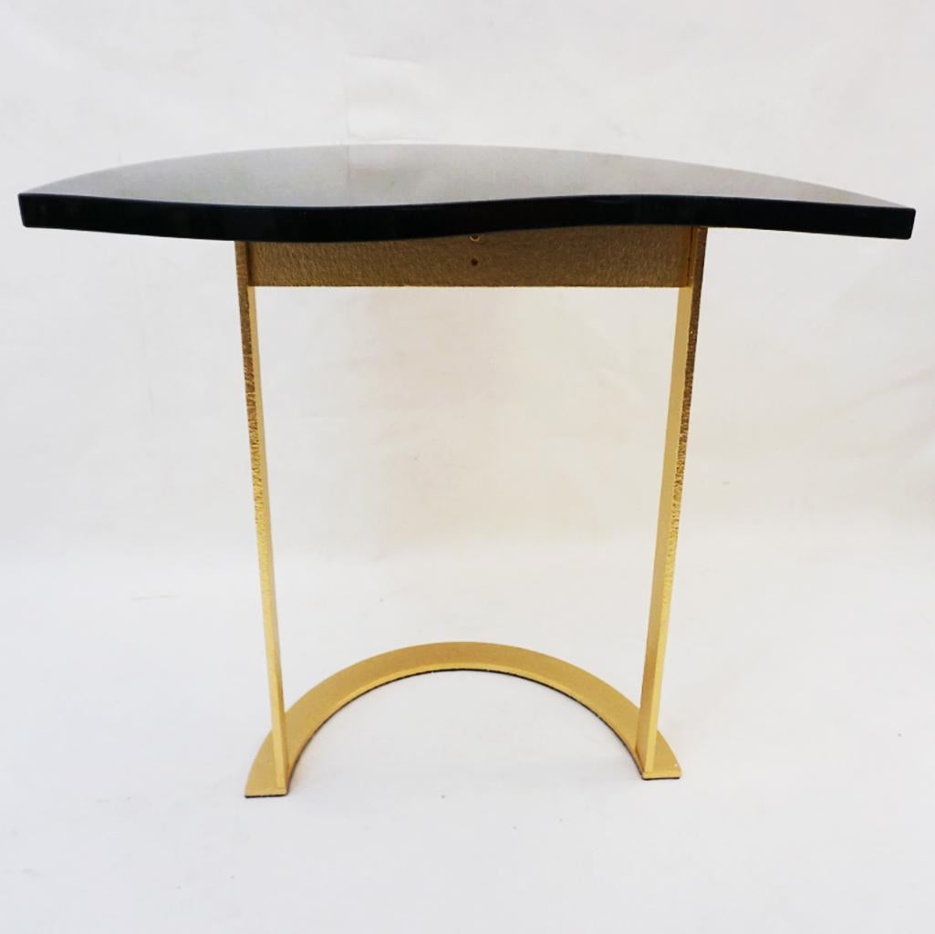 Contemporary Bespoke Italian Textured Brass Black Granite Oval Side Table Doubles as a Pair
