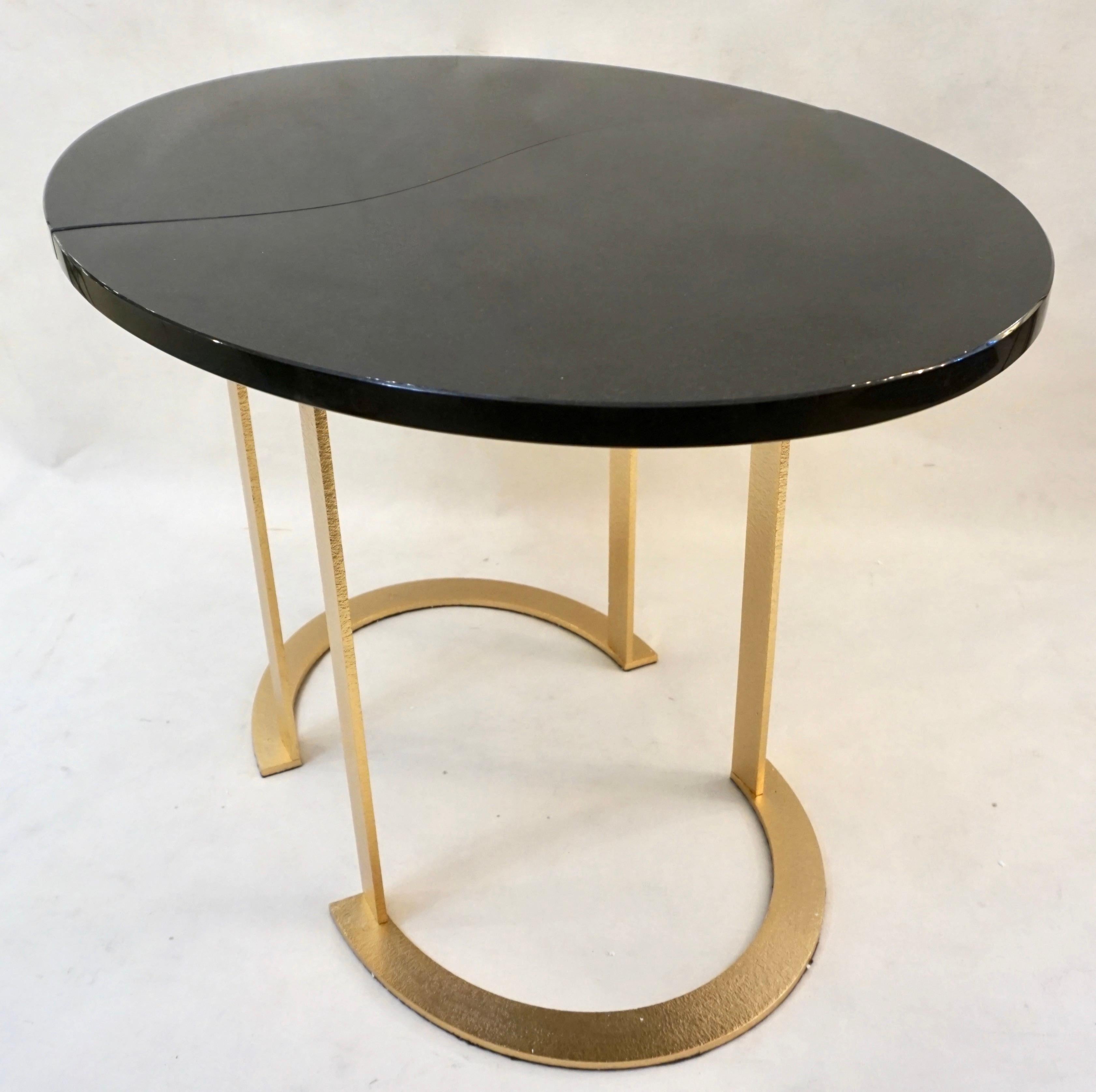 Bespoke Italian Textured Brass Black Granite Oval Side Table Doubles as a Pair 1