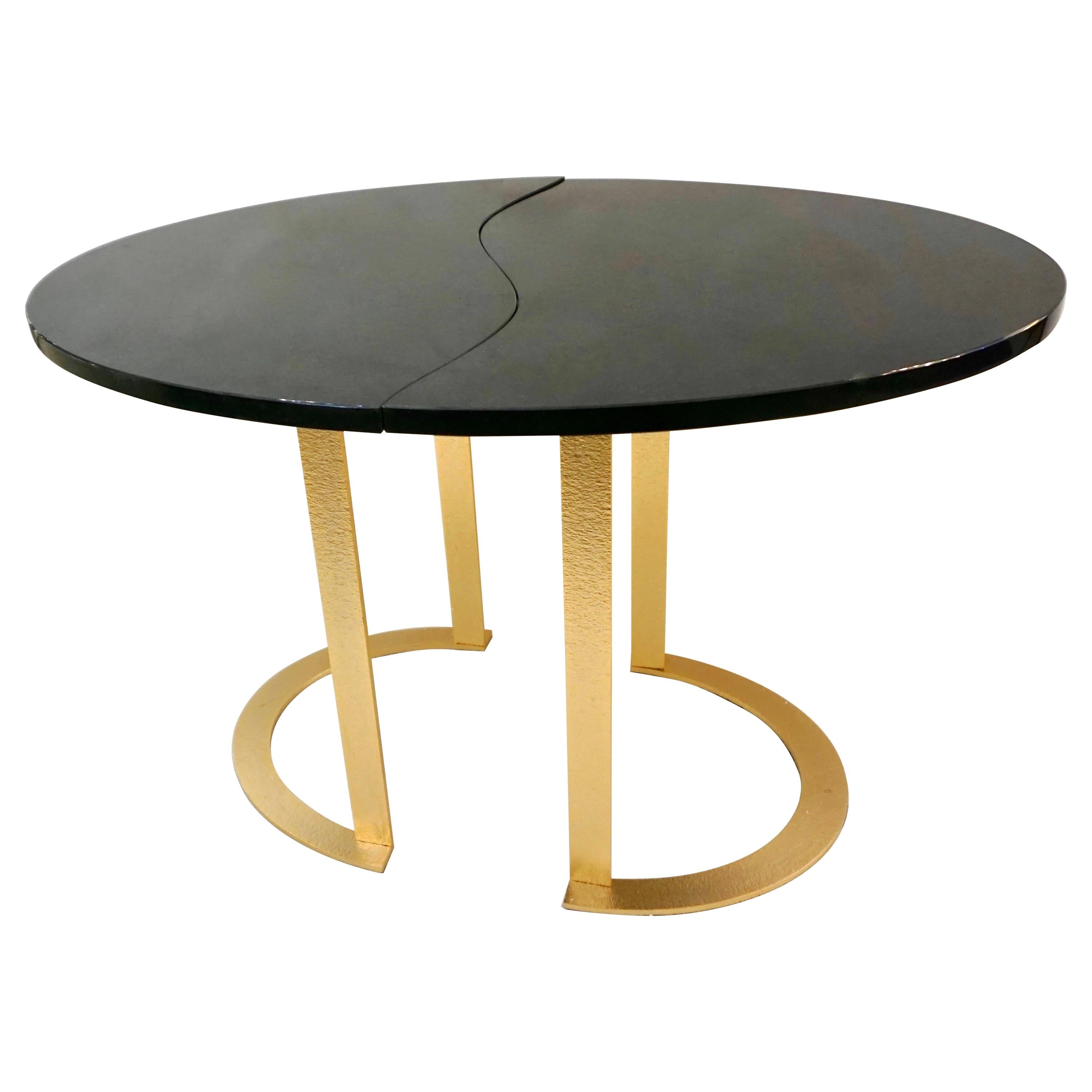 Bespoke Italian Textured Brass Black Granite Oval Side Table Doubles as a Pair