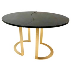 Bespoke Italian Textured Brass Black Granite Oval Side Table Doubles as a Pair
