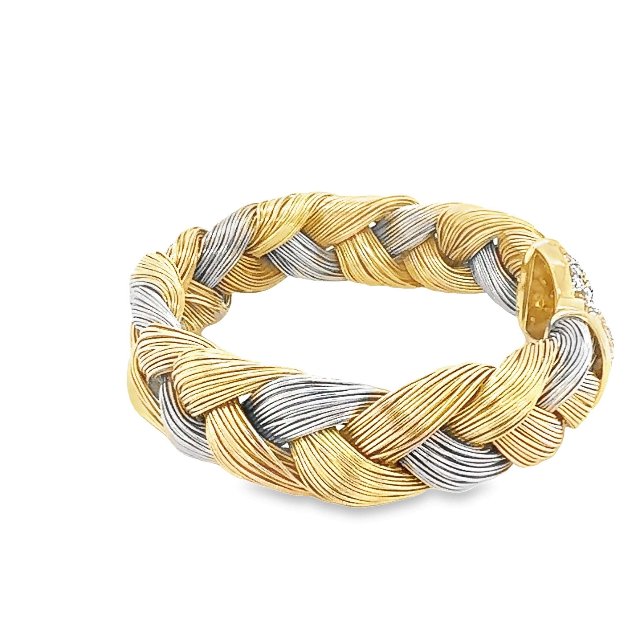 18k Italian two-tone Gold diamond Woven Bracelet In Excellent Condition For Sale In London, GB