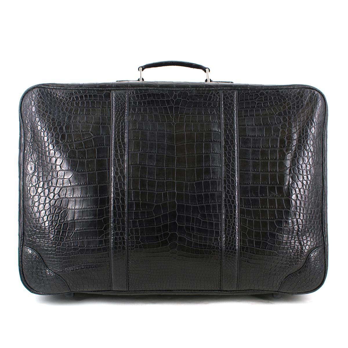 Black Bespoke large black matte crocodile leather suitcase