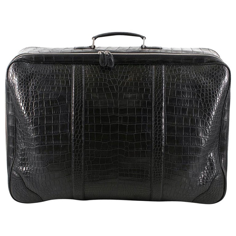 Bespoke large black matte crocodile leather suitcase at 1stDibs