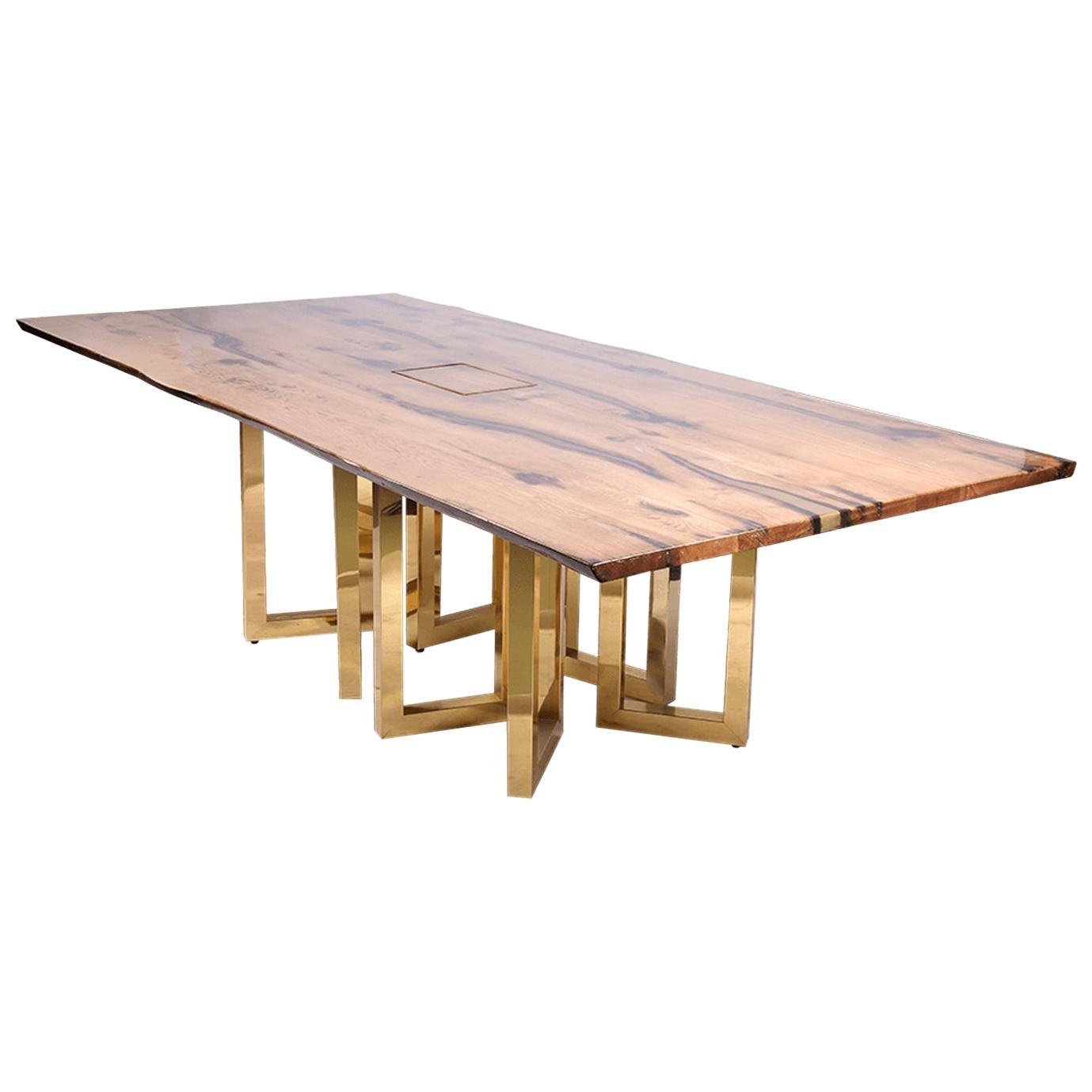 Table de bureau ou de salle à manger contemporaine sur mesure en bois de chêne, laiton et cuivre 