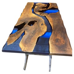 Bespoke Large Walnut Wood Dining Table with Blue Epoxy Resin Table