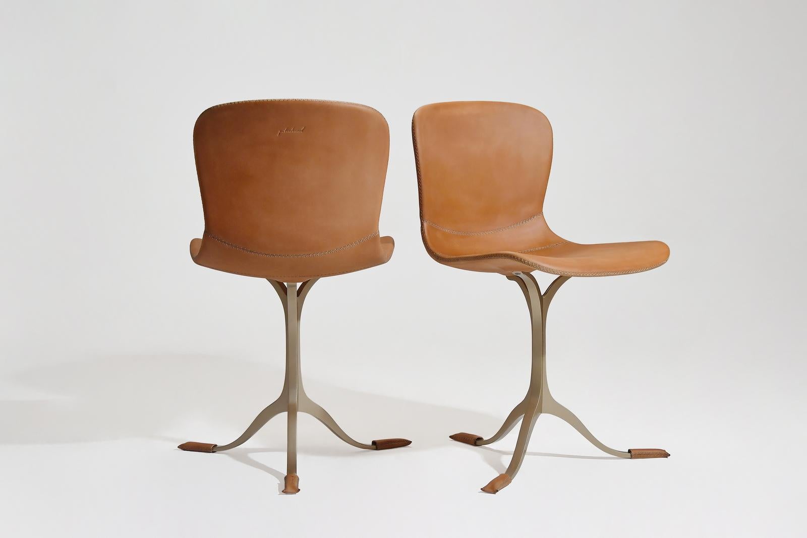 Mid-Century Modern Bespoke Leather Chair, Marron Glacé with Hand-Cast Brass Base, by P. Tendercool For Sale