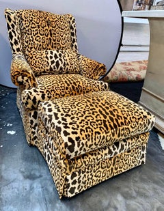 Bespoke Leopard Print Velvet Upholstered Swivel Chair and Ottoman