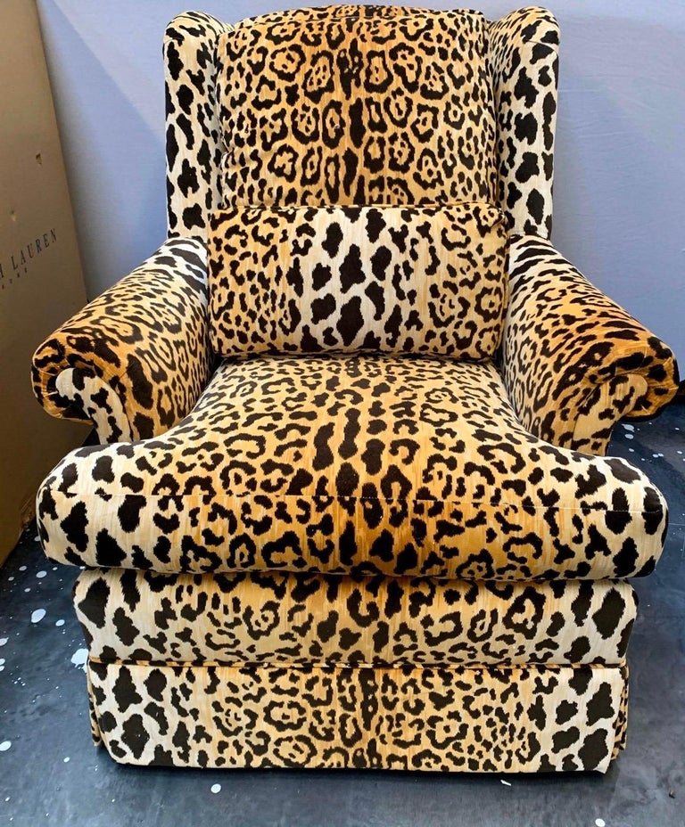 Bespoke Leopard Print Velvet Upholstered Swivel Chair and Ottoman at