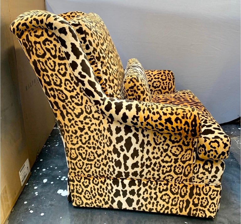 Bespoke Leopard Print Velvet Upholstered Swivel Chair and Ottoman at