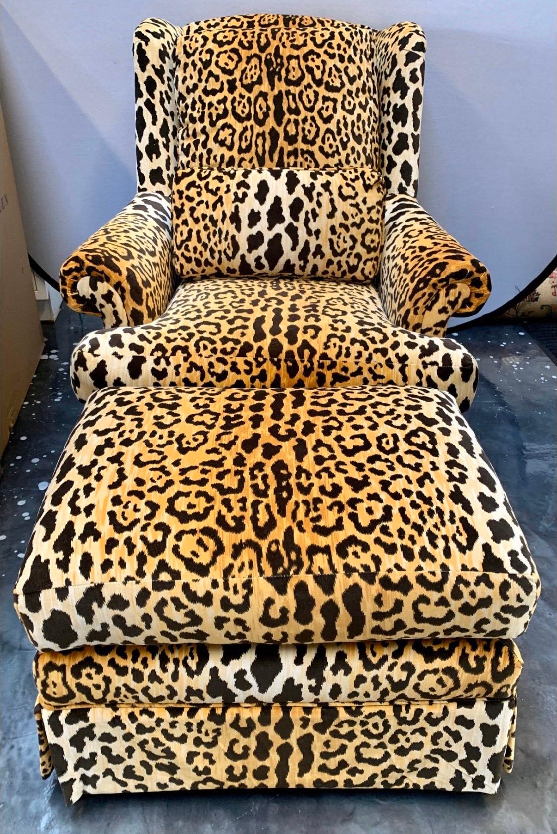 Fabric Bespoke Leopard Print Velvet Upholstered Swivel Chair and Ottoman