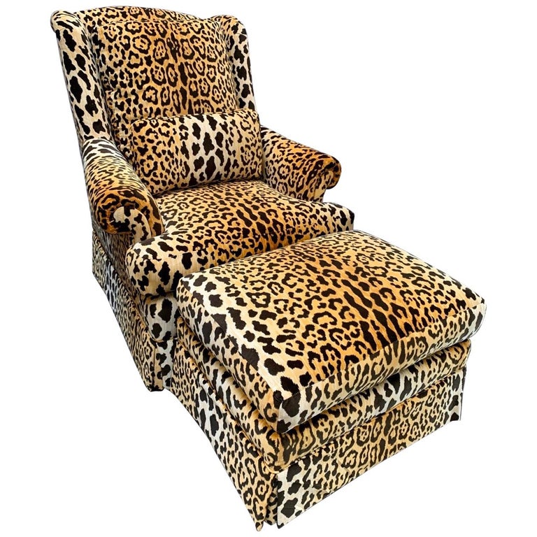 Bespoke Leopard Print Velvet Upholstered Swivel Chair And Ottoman