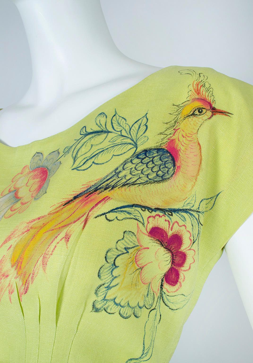 Bespoke Lime Hand-Painted Salvador Corona Peacock Skirt and Top, Mexico-M, 1950s For Sale 3