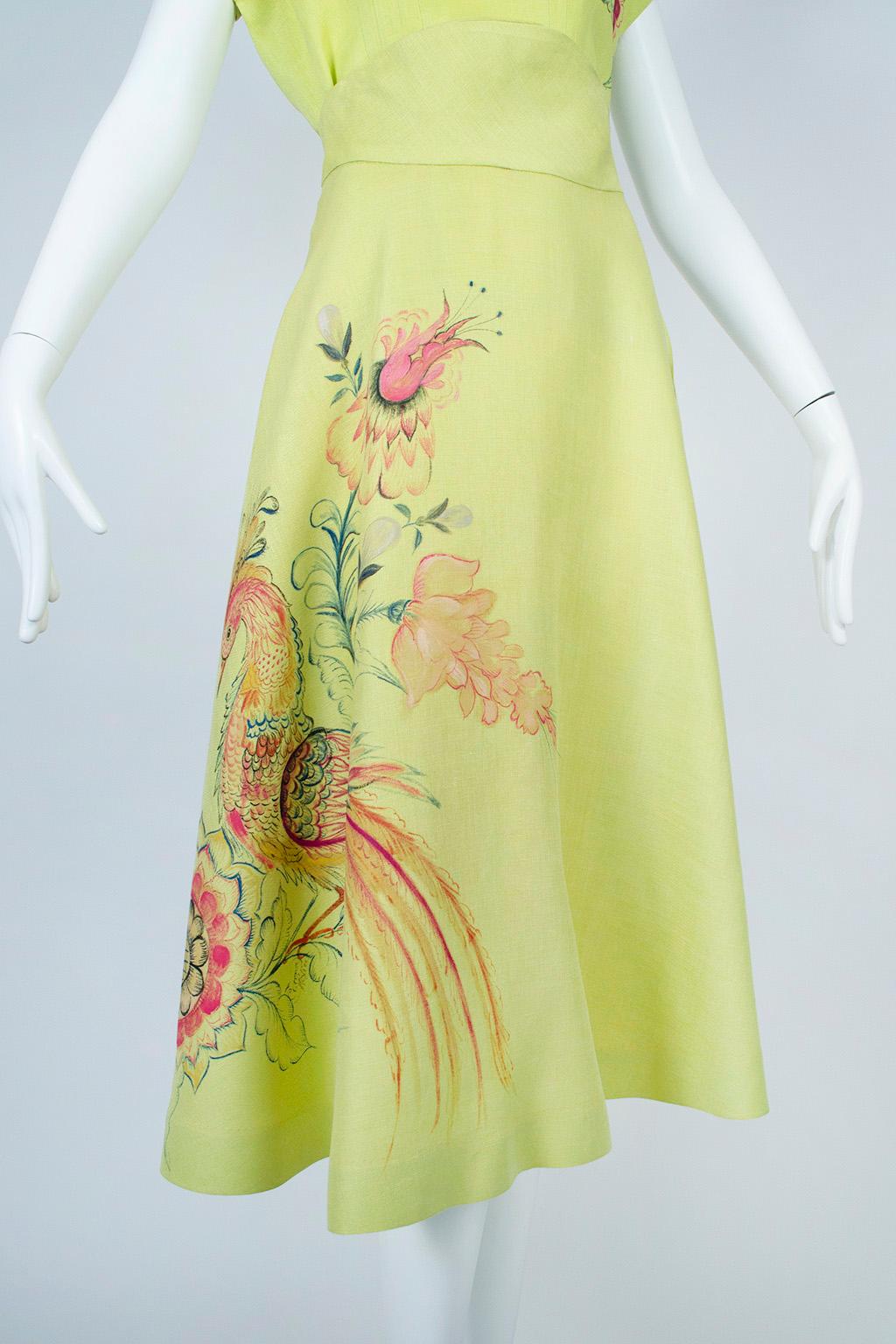 Bespoke Lime Hand-Painted Salvador Corona Peacock Skirt and Top, Mexico-M, 1950s For Sale 5