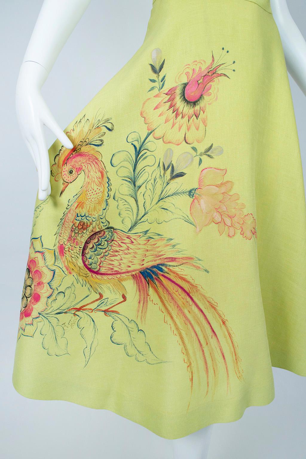 Bespoke Lime Hand-Painted Salvador Corona Peacock Skirt and Top, Mexico-M, 1950s For Sale 7