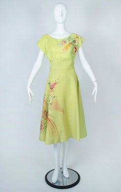 Bespoke Lime Hand-Painted Salvador Corona Peacock Skirt and Top, Mexico-M, 1950s