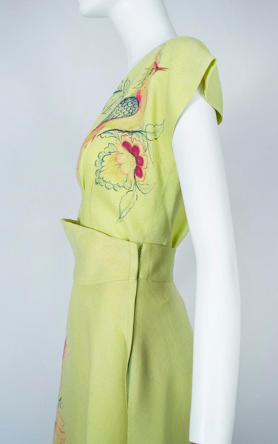 Green Bespoke Lime Hand-Painted Salvador Corona Peacock Skirt and Top, Mexico-M, 1950s For Sale